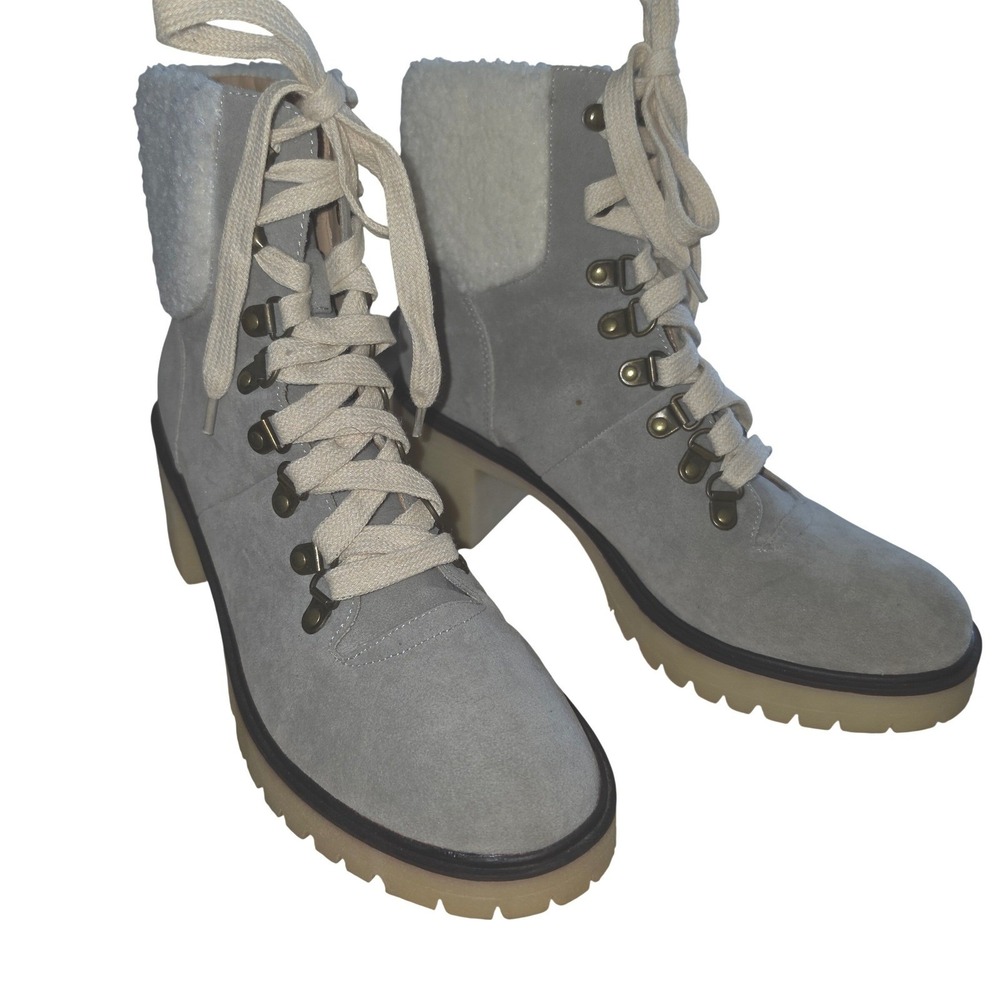 MiiM Grey Taupe Faux Suede Lace Up Combat Hiker Boots Faux Shearling Trim Size 8